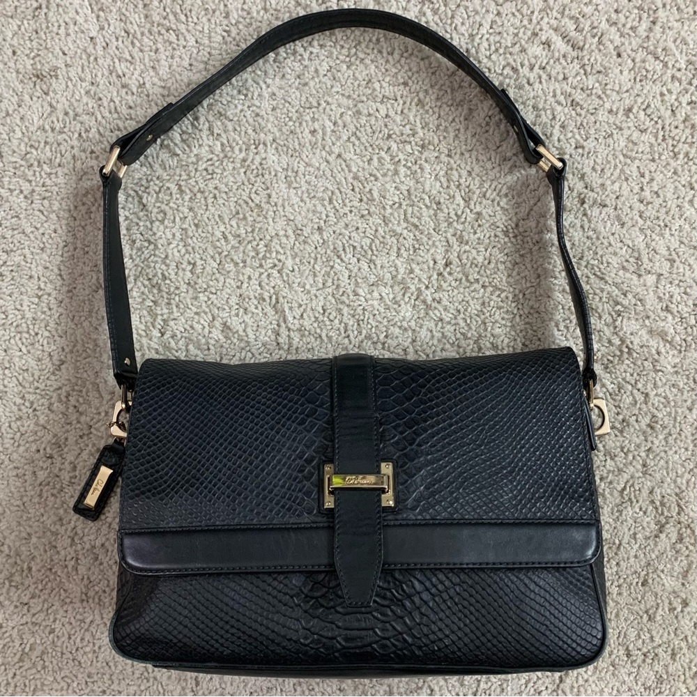 COLE HAAN Black SNAKE SKIN Embossed Leather AVA Flap Front SHOULDER Bag PURSE